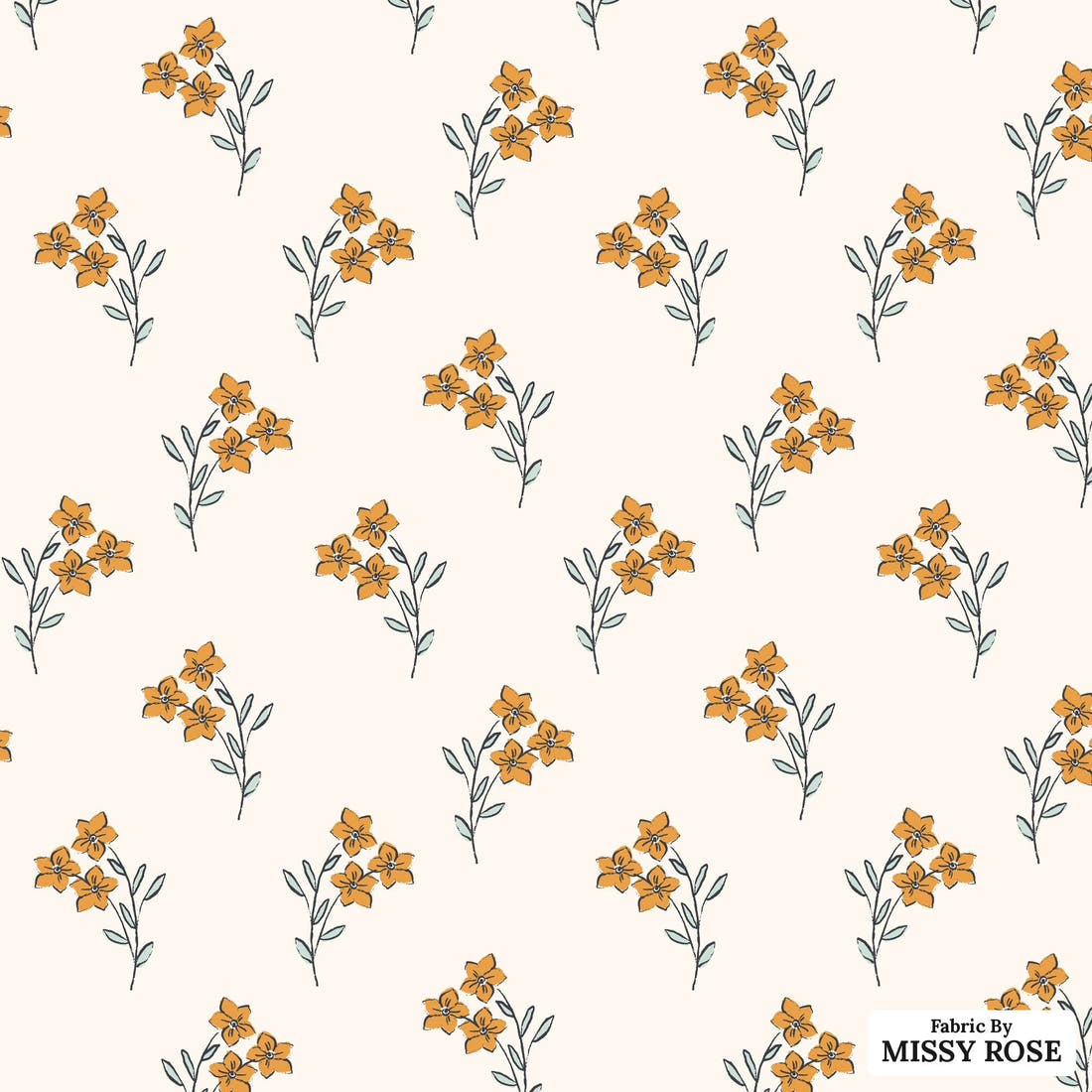 Indy Bloom Fabric Bee My Valentine Forget Me Not In Golden 04 flat view of the printed design | Fabric by Missy Rose