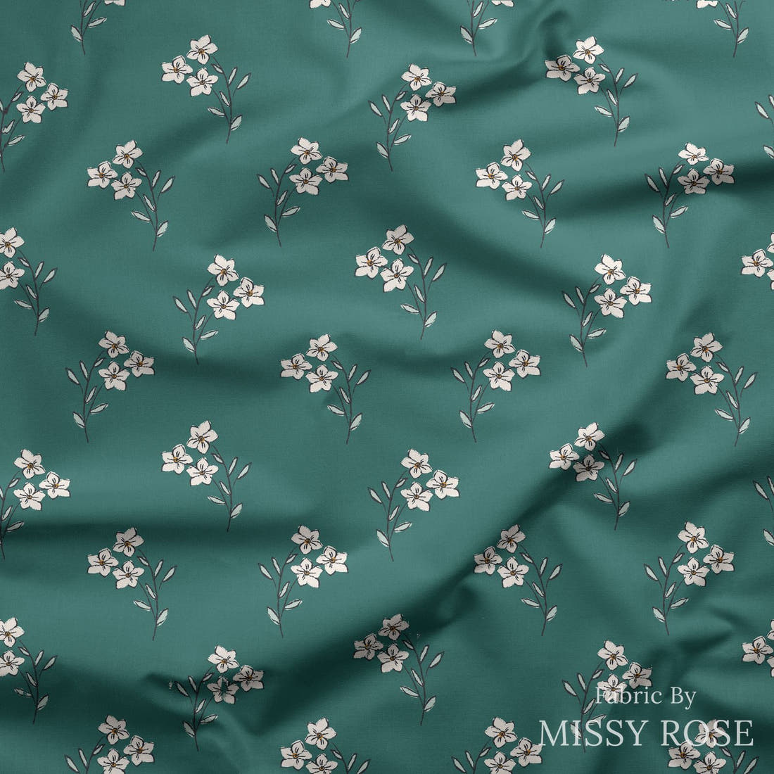 Indy Bloom Fabric Bee My Valentine Forget Me Not In Green 05 draped fabric mockup - custom printed fabric by the metre | Fabric by Missy Rose