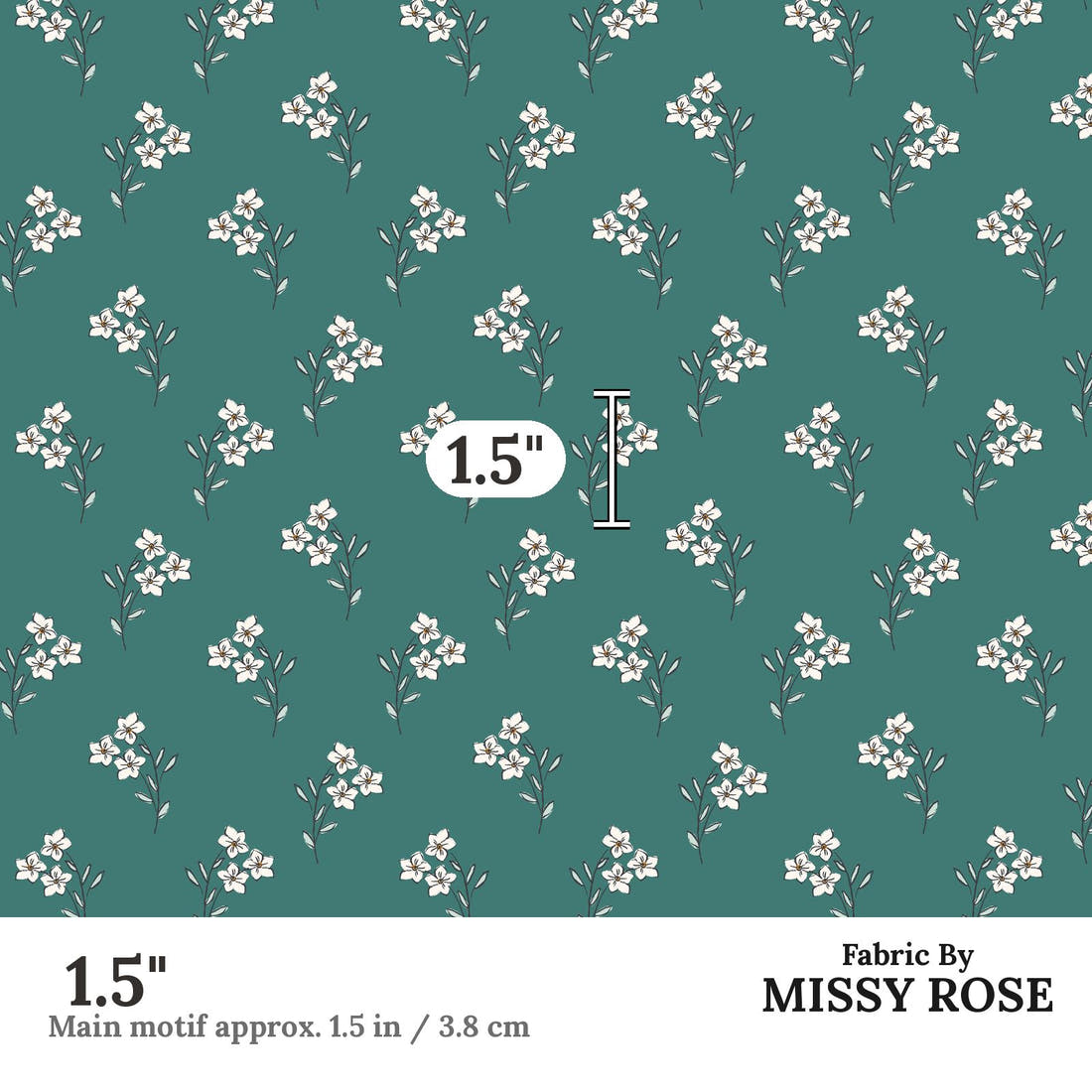 Indy Bloom Fabric Bee My Valentine Forget Me Not In Green 05 1.5 inch print scale guide | Fabric by Missy Rose