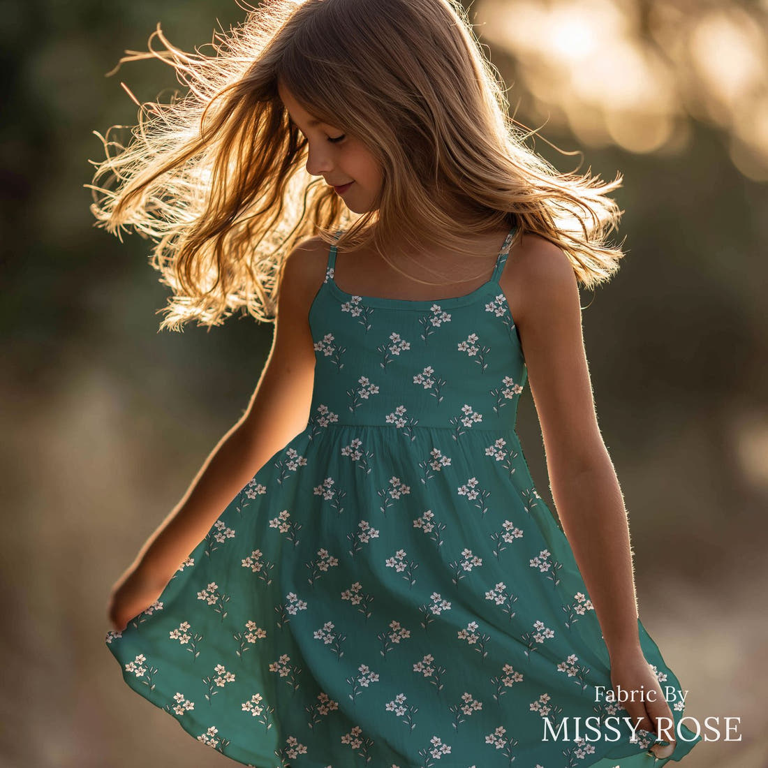 Indy Bloom Fabric Bee My Valentine Forget Me Not In Green 05 sewn into a girls' dress - custom printed fabric | Fabric by Missy Rose