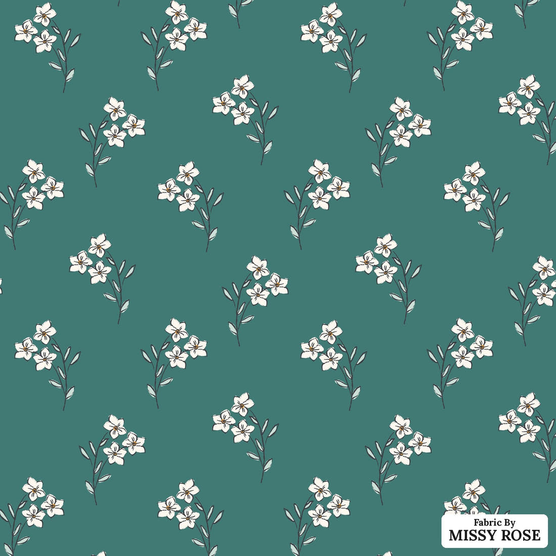 Indy Bloom Fabric Bee My Valentine Forget Me Not In Green 05 flat view of the printed design | Fabric by Missy Rose
