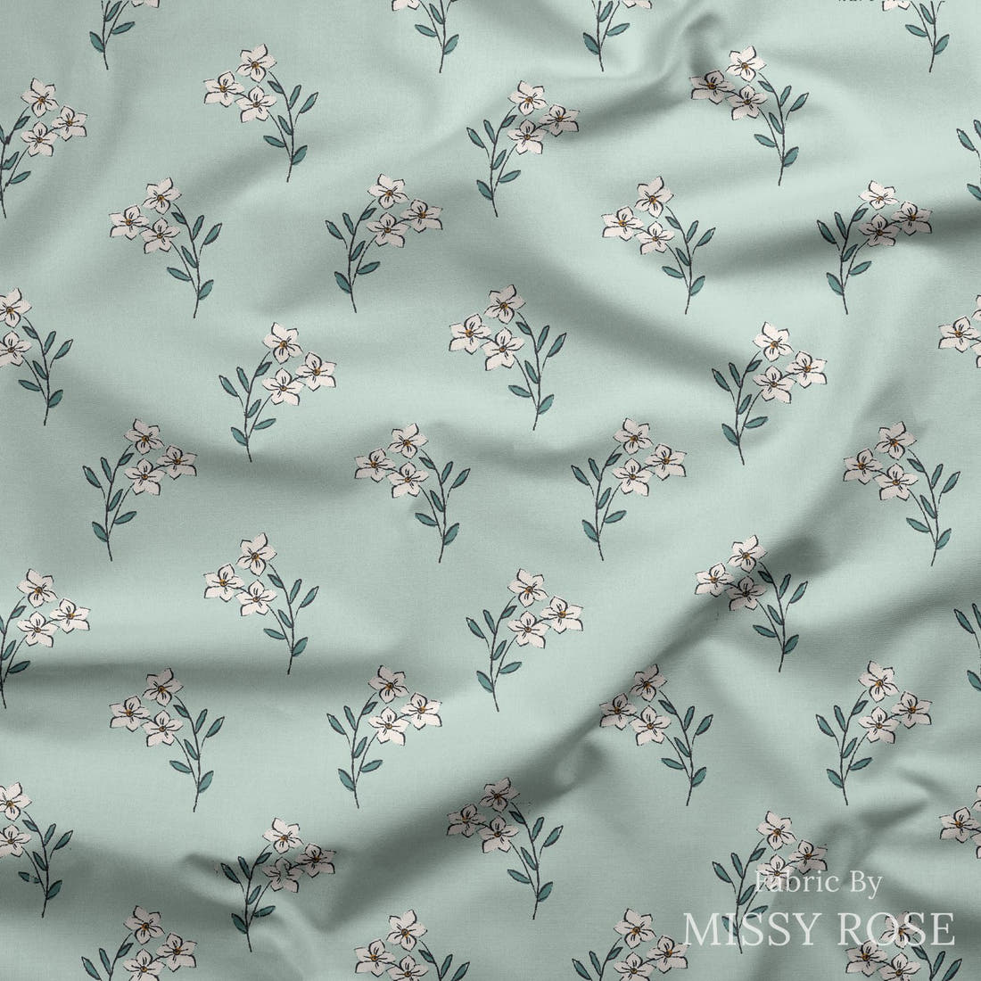 Indy Bloom Fabric Bee My Valentine Forget Me Not In Mint 06 draped fabric mockup - custom printed fabric by the metre | Fabric by Missy Rose
