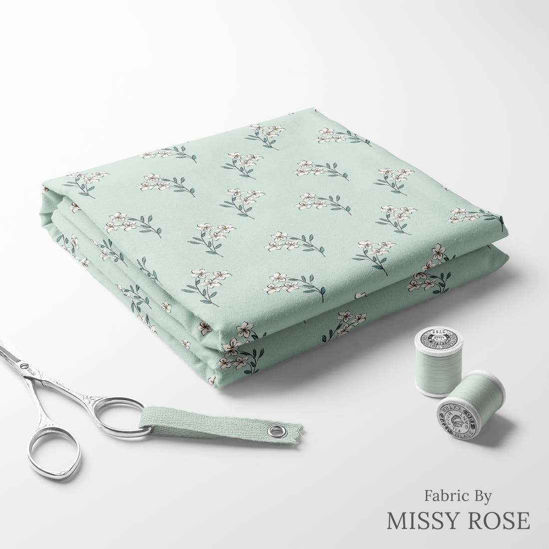 Indy Bloom Fabric Bee My Valentine Forget Me Not In Mint 06 folded fabric stack with matching thread - pre-order fabric Australia | Fabric by Missy Rose
