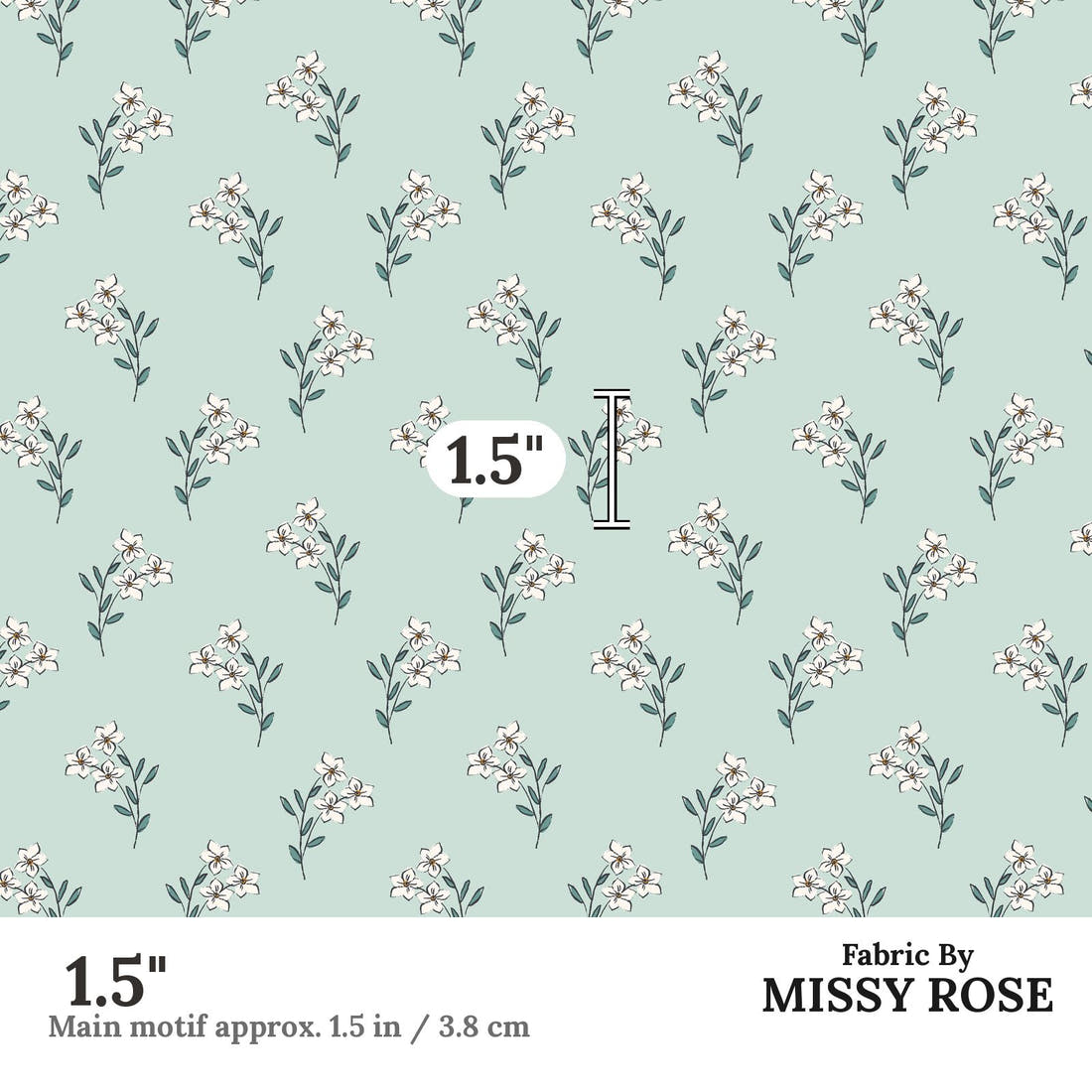 Indy Bloom Fabric Bee My Valentine Forget Me Not In Mint 06 1.5 inch print scale guide | Fabric by Missy Rose