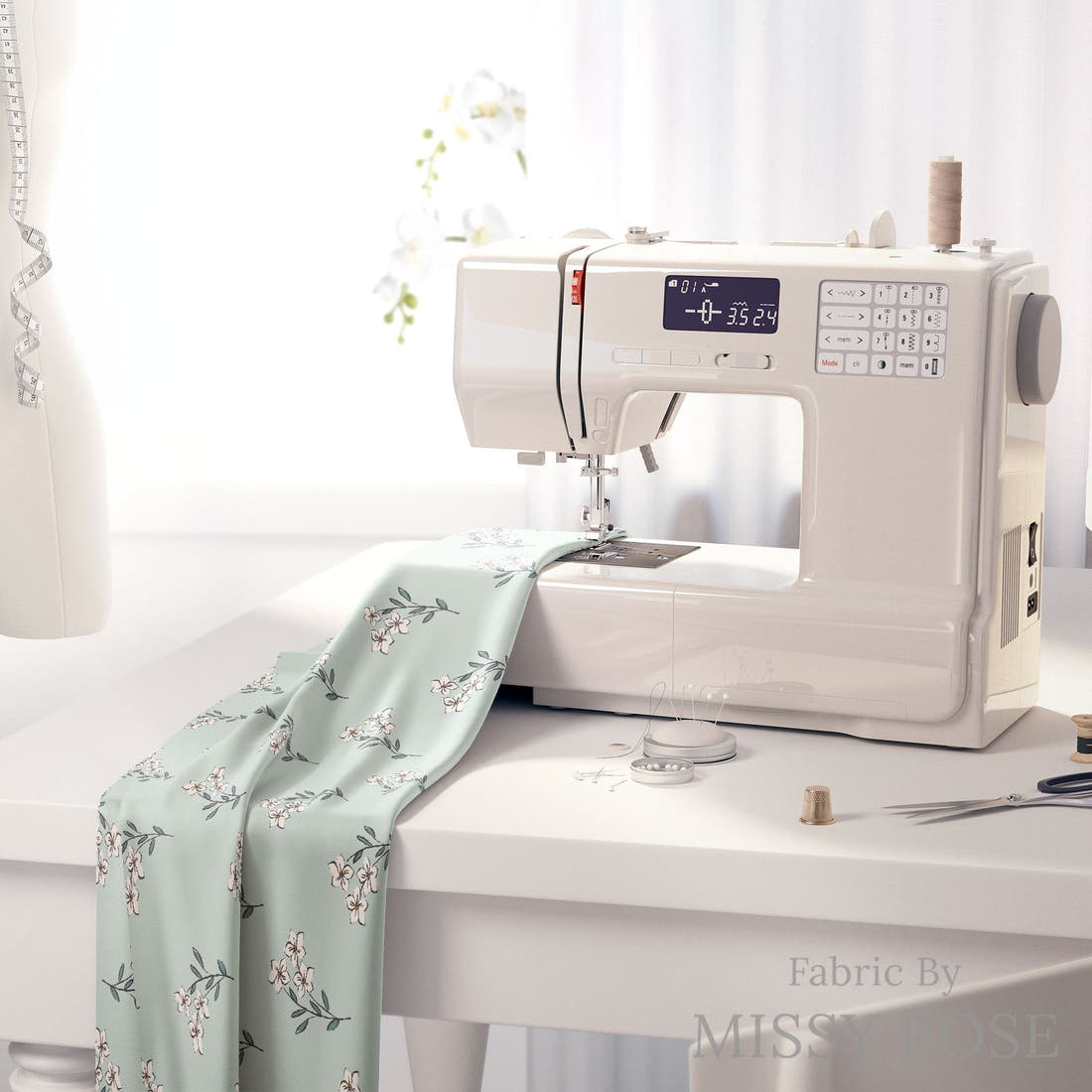Indy Bloom Fabric Bee My Valentine Forget Me Not In Mint 06 fabric on a sewing machine - sew your own | Fabric by Missy Rose