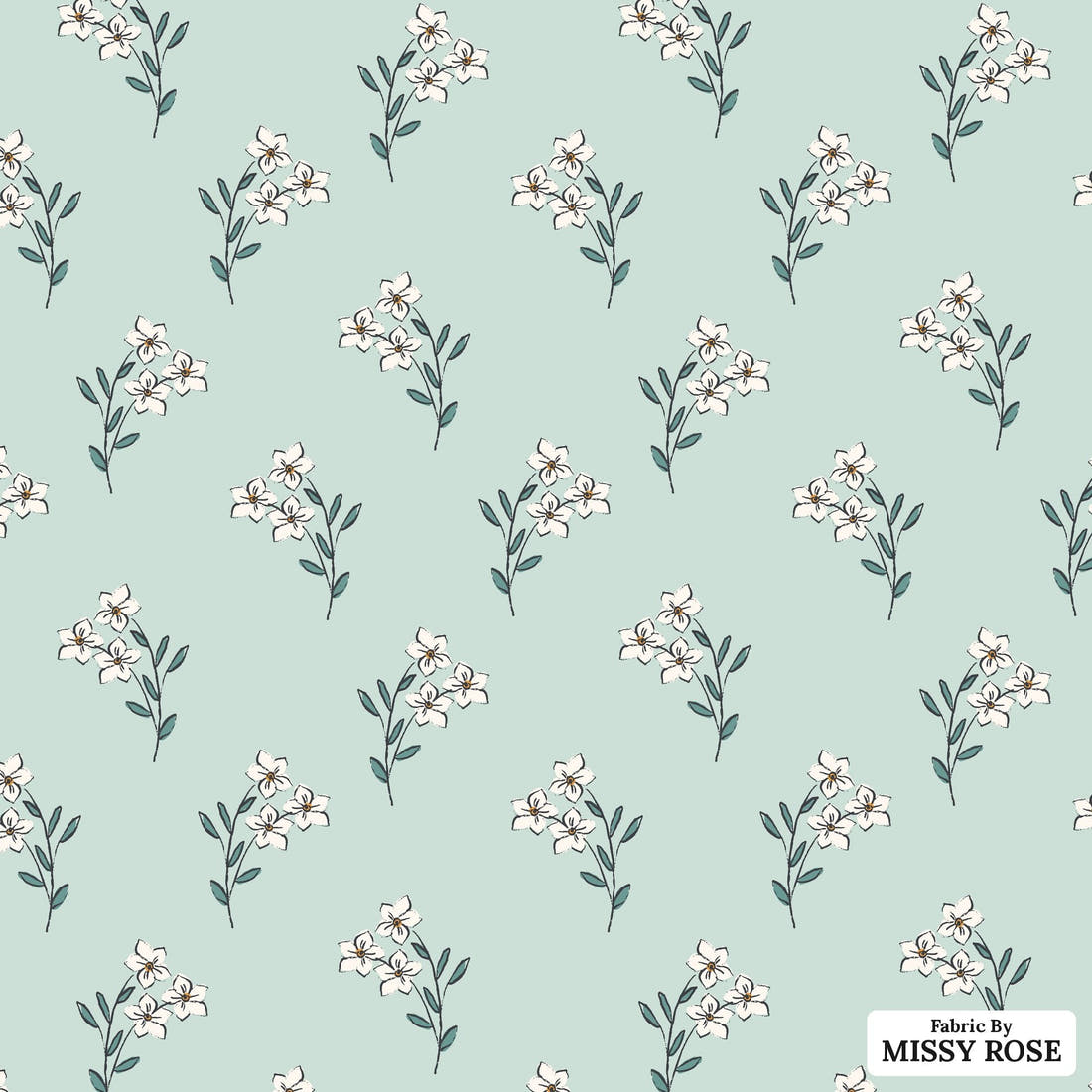 Indy Bloom Fabric Bee My Valentine Forget Me Not In Mint 06 flat view of the printed design | Fabric by Missy Rose