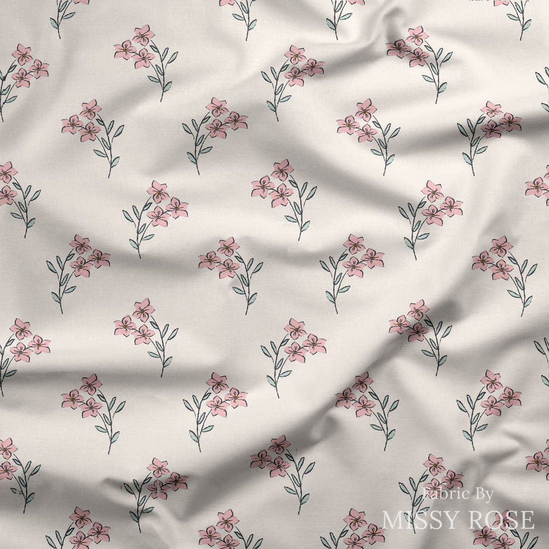 Indy Bloom Fabric Bee My Valentine Forget Me Not In Pink 07 draped fabric mockup - custom printed fabric by the metre | Fabric by Missy Rose