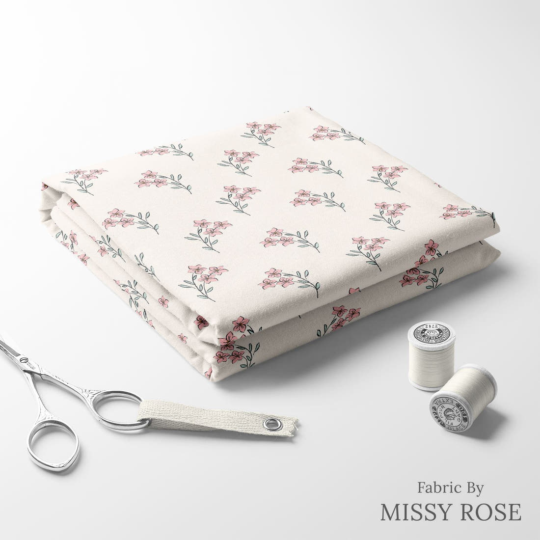 Indy Bloom Fabric Bee My Valentine Forget Me Not In Pink 07 folded fabric stack with matching thread - pre-order fabric Australia | Fabric by Missy Rose
