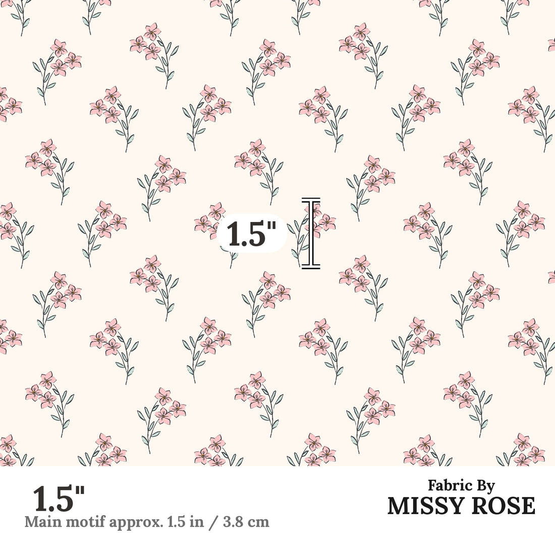Indy Bloom Fabric Bee My Valentine Forget Me Not In Pink 07 1.5 inch print scale guide | Fabric by Missy Rose