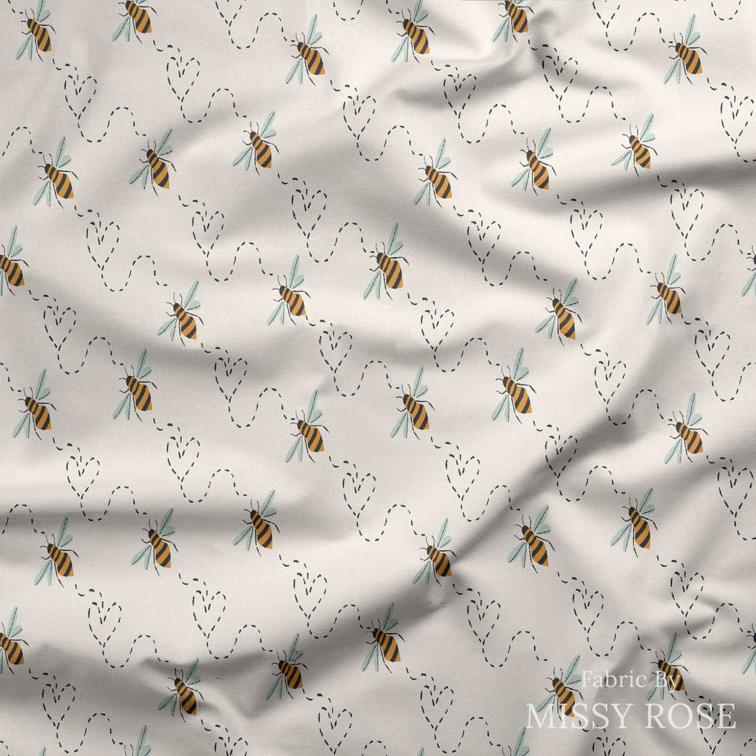 Indy Bloom Fabric Bee My Valentine Honey Bee in Cream 12 draped fabric mockup - custom printed fabric by the metre | Fabric by Missy Rose
