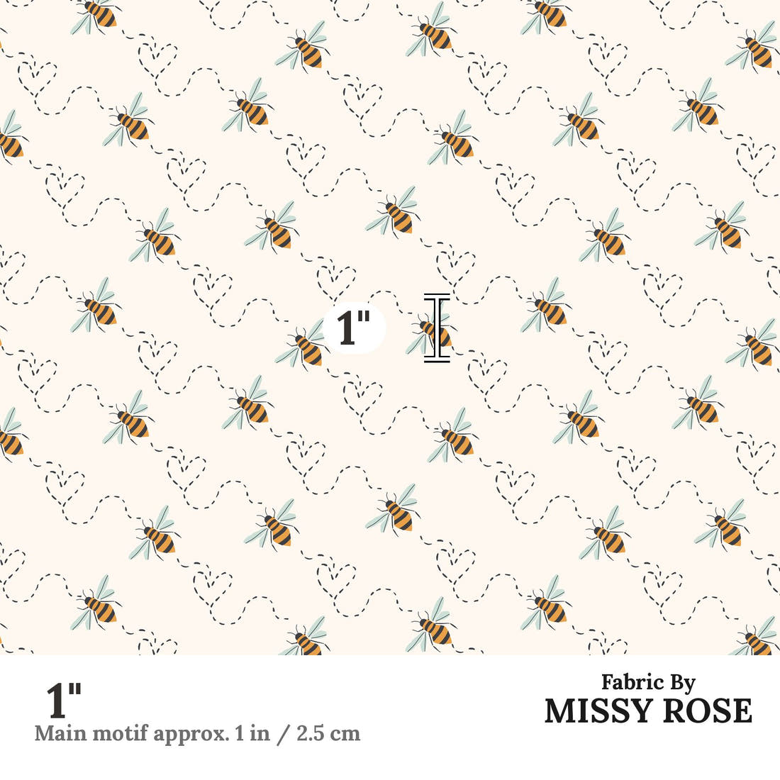Indy Bloom Fabric Bee My Valentine Honey Bee in Cream 12 1 inch print scale guide | Fabric by Missy Rose