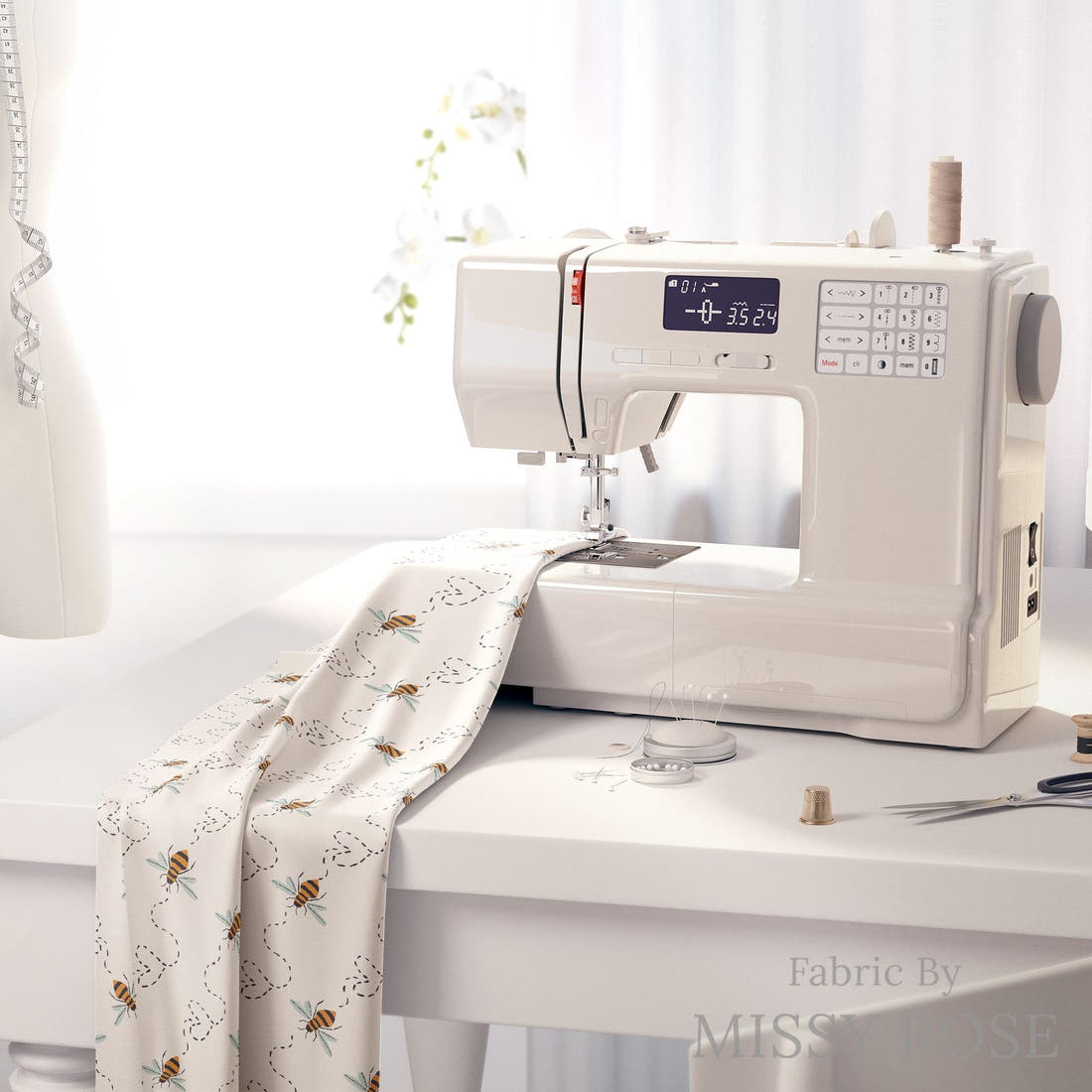 Indy Bloom Fabric Bee My Valentine Honey Bee in Cream 12 fabric on a sewing machine - sew your own | Fabric by Missy Rose
