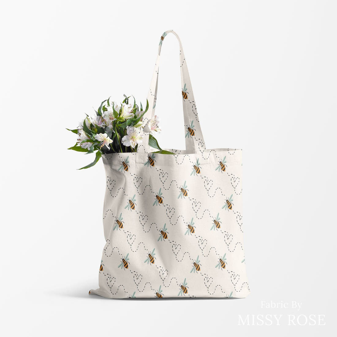 Indy Bloom Fabric Bee My Valentine Honey Bee in Cream 12 made up as a tote bag - custom printed fabric | Fabric by Missy Rose