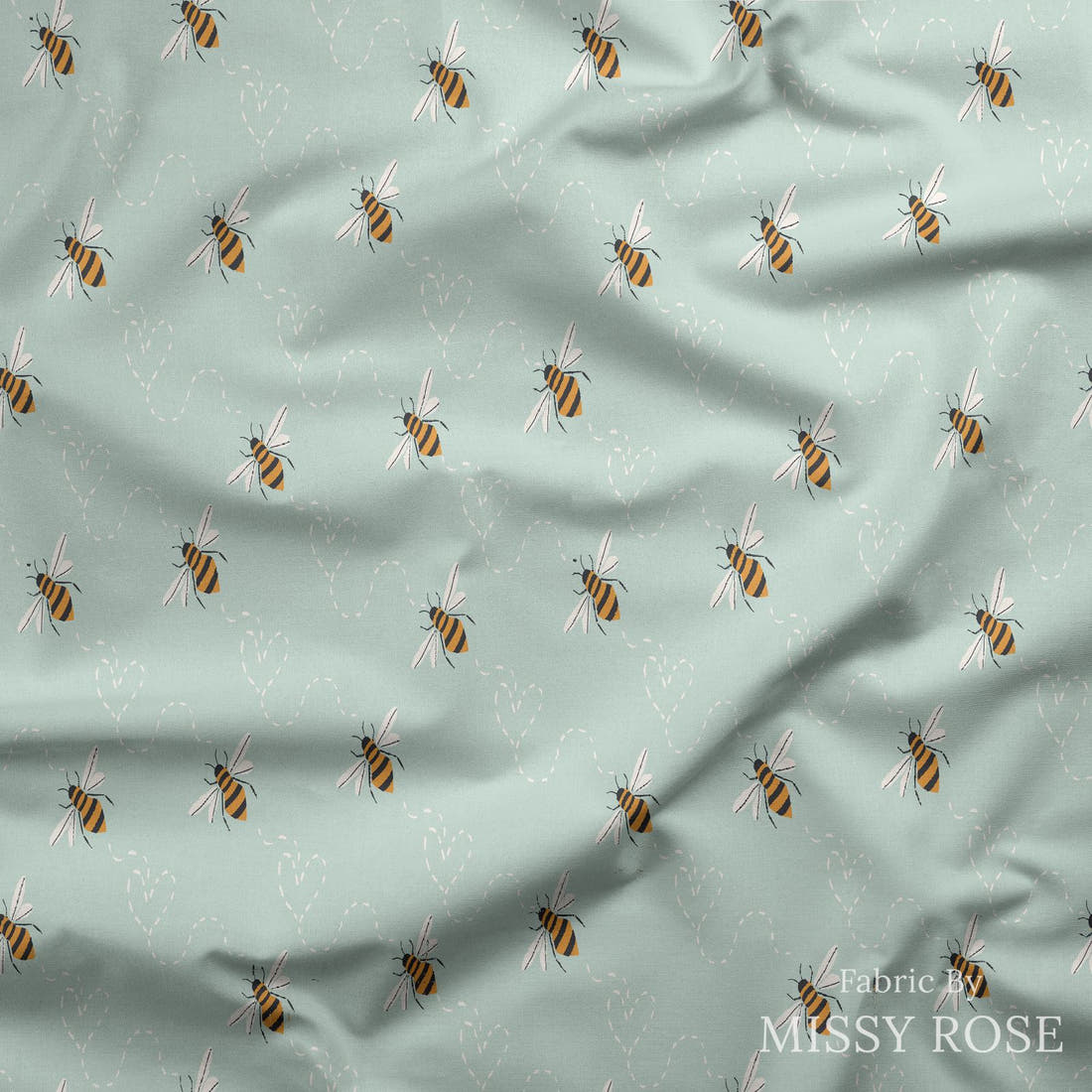 Indy Bloom Fabric Bee My Valentine Honey Bee in Mint 14 draped fabric mockup - custom printed fabric by the metre | Fabric by Missy Rose