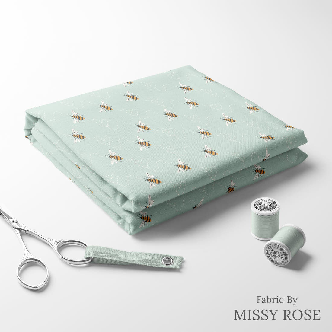 Indy Bloom Fabric Bee My Valentine Honey Bee in Mint 14 folded fabric stack with matching thread - pre-order fabric Australia | Fabric by Missy Rose