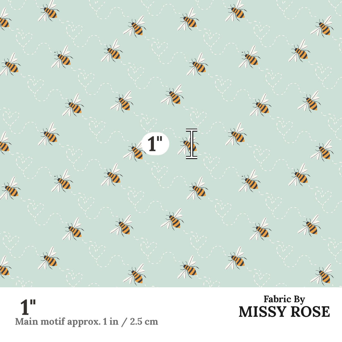 Indy Bloom Fabric Bee My Valentine Honey Bee in Mint 14 1 inch print scale guide | Fabric by Missy Rose