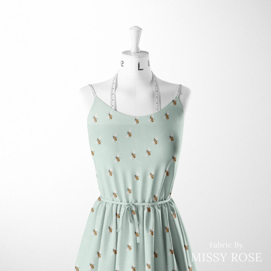 Indy Bloom Fabric Bee My Valentine Honey Bee in Mint 14 sewn into a women's dress - custom printed fabric | Fabric by Missy Rose