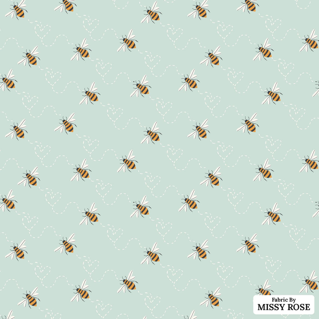 Indy Bloom Fabric Bee My Valentine Honey Bee in Mint 14 flat view of the printed design | Fabric by Missy Rose