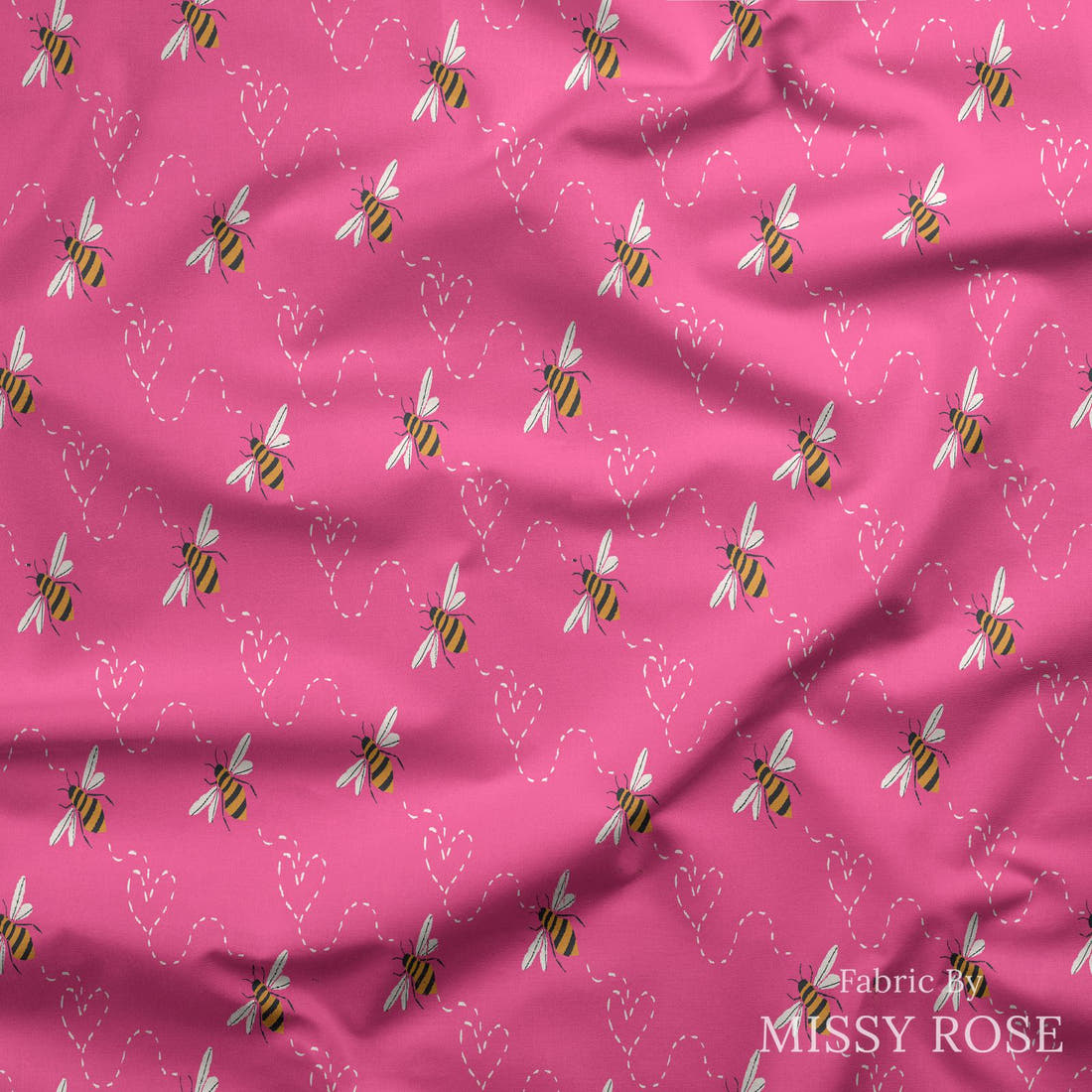Indy Bloom Fabric Bee My Valentine Honey Bee in Pink 13 draped fabric mockup - custom printed fabric by the metre | Fabric by Missy Rose