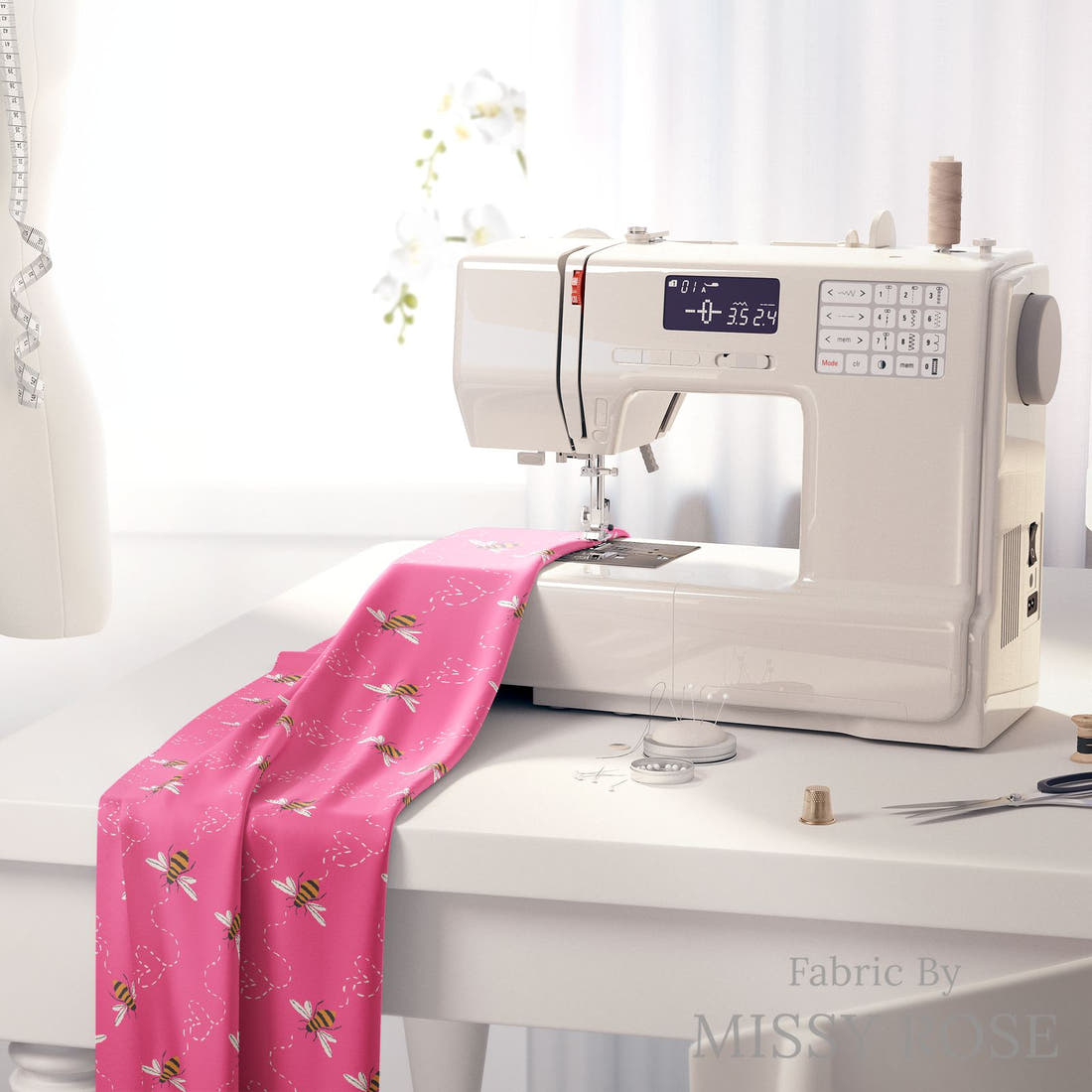 Indy Bloom Fabric Bee My Valentine Honey Bee in Pink 13 fabric on a sewing machine - sew your own | Fabric by Missy Rose