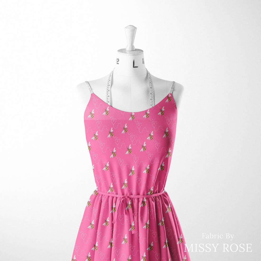 Indy Bloom Fabric Bee My Valentine Honey Bee in Pink 13 sewn into a women's dress - custom printed fabric | Fabric by Missy Rose
