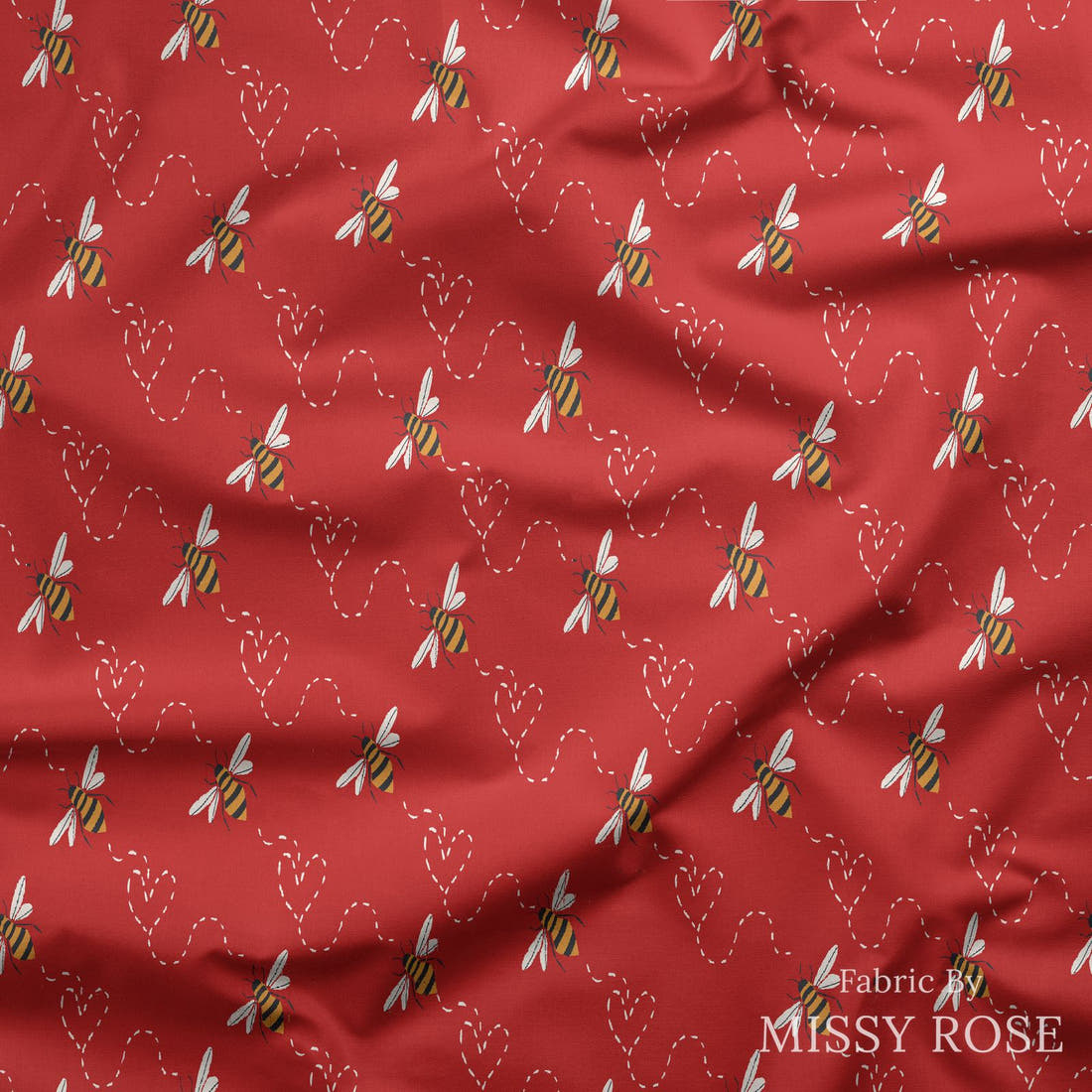 Indy Bloom Fabric Bee My Valentine Honey Bee in Red 15 draped fabric mockup - custom printed fabric by the metre | Fabric by Missy Rose