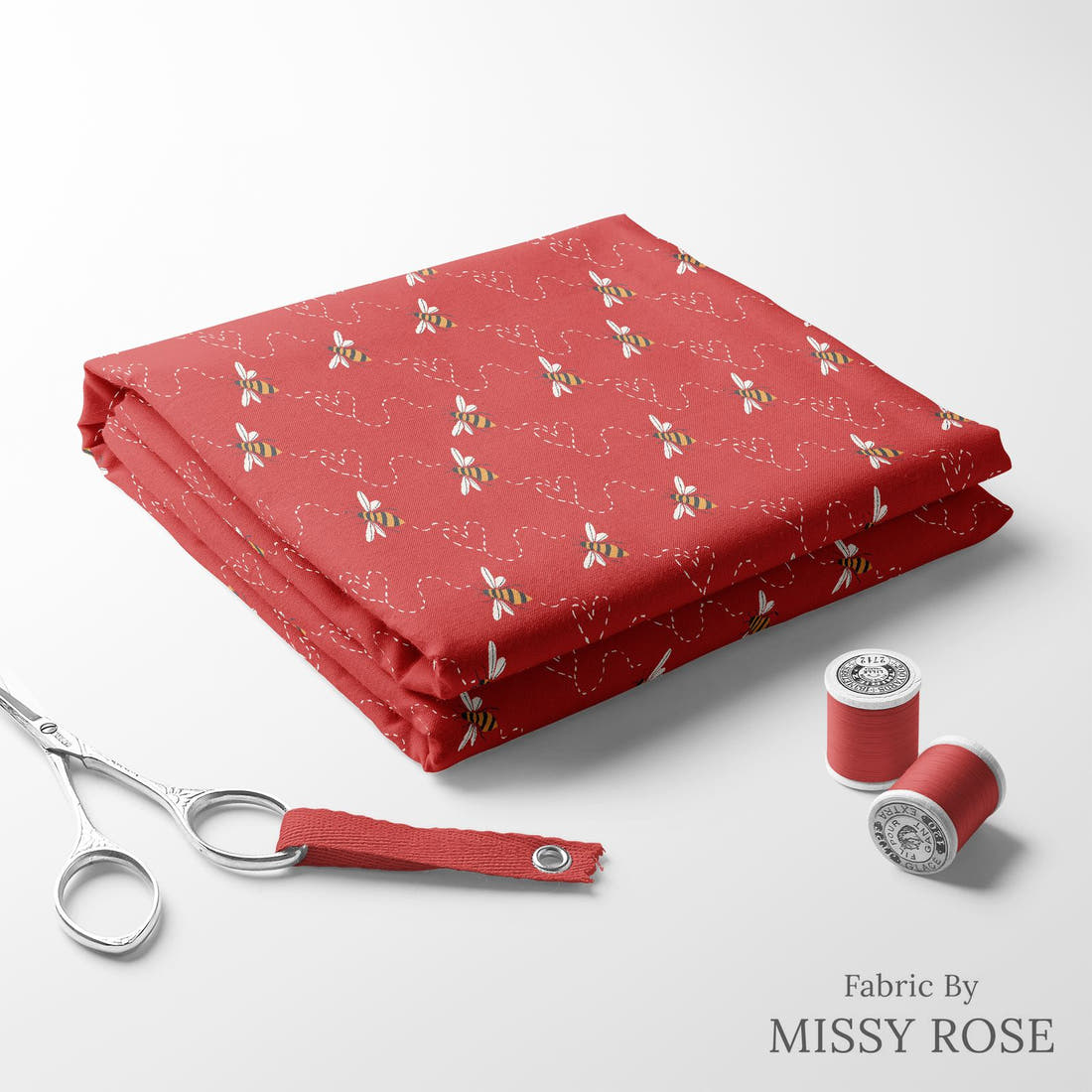Indy Bloom Fabric Bee My Valentine Honey Bee in Red 15 folded fabric stack with matching thread - pre-order fabric Australia | Fabric by Missy Rose