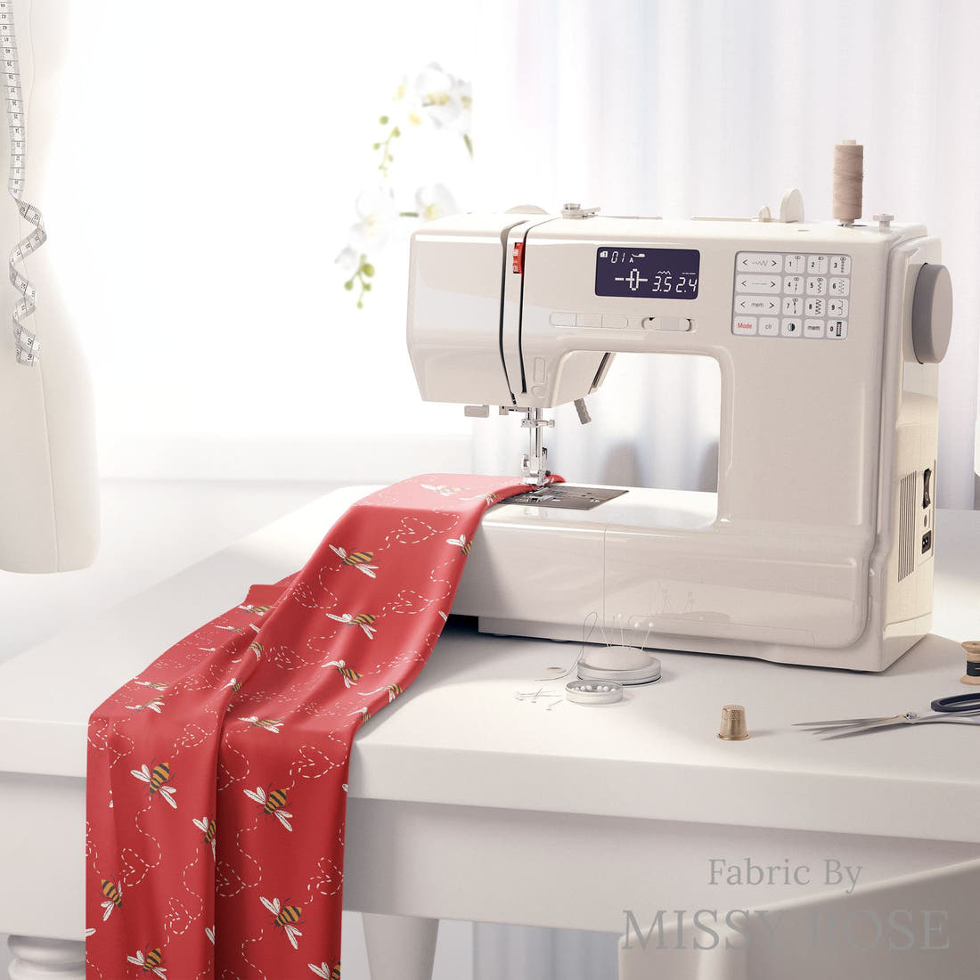 Indy Bloom Fabric Bee My Valentine Honey Bee in Red 15 fabric on a sewing machine - sew your own | Fabric by Missy Rose