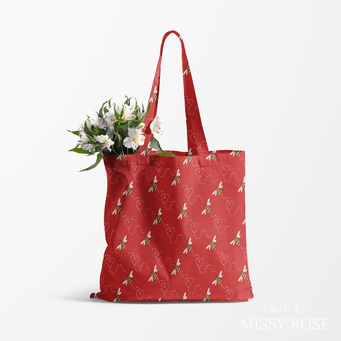 Indy Bloom Fabric Bee My Valentine Honey Bee in Red 15 made up as a tote bag - custom printed fabric | Fabric by Missy Rose
