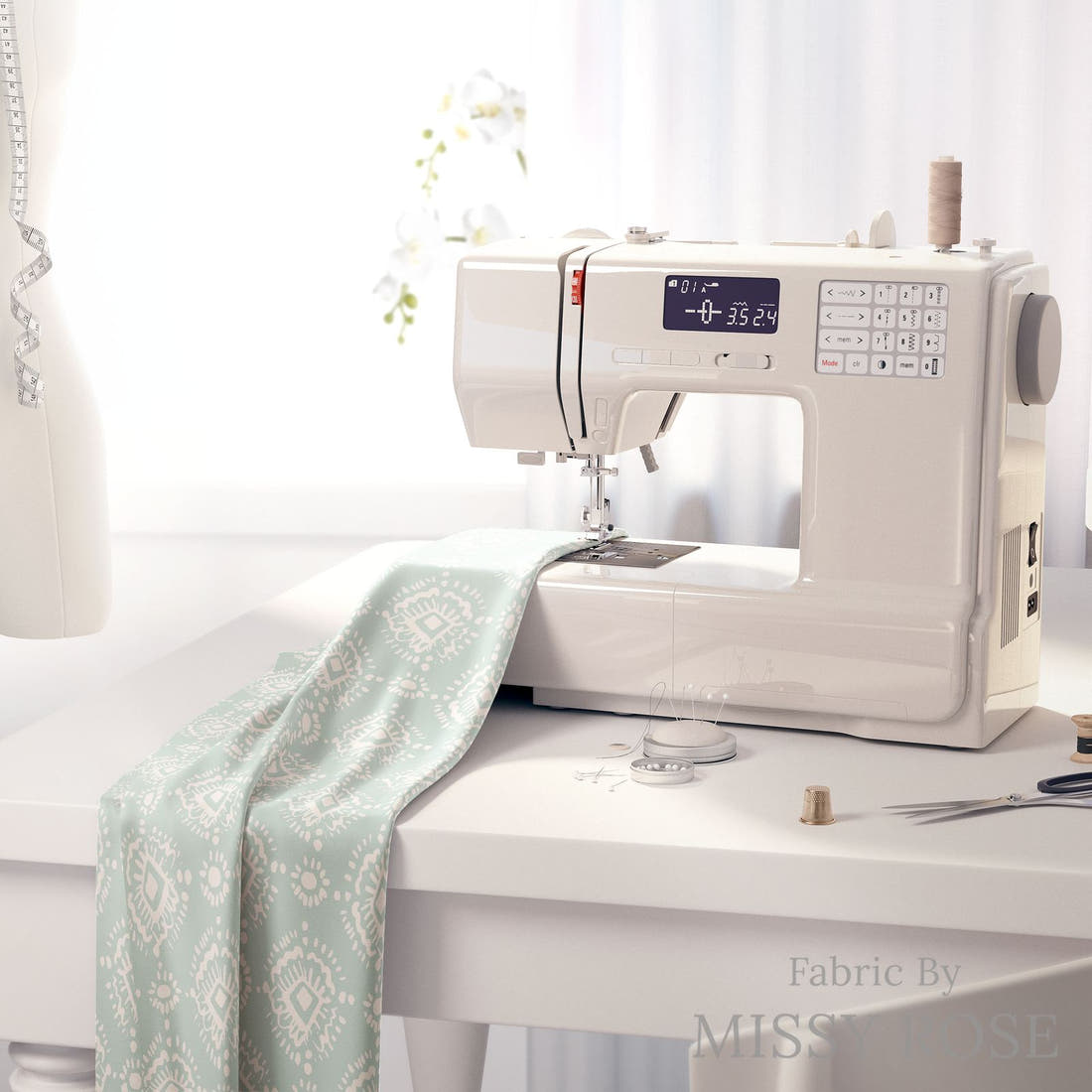 Indy Bloom Fabric Bee My Valentine Ikat In Mint 21 fabric on a sewing machine - sew your own | Fabric by Missy Rose