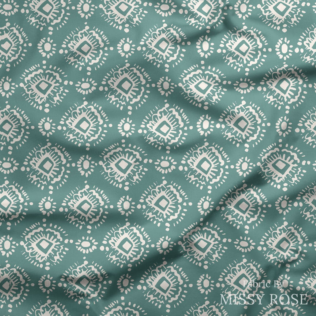 Indy Bloom Fabric Bee My Valentine Ikat In Teal 22 draped fabric mockup - custom printed fabric by the metre | Fabric by Missy Rose