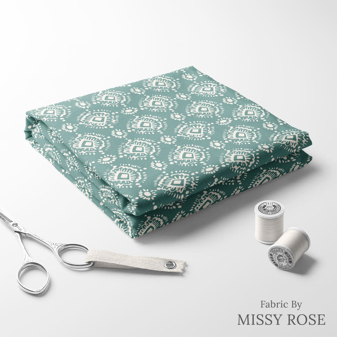 Indy Bloom Fabric Bee My Valentine Ikat In Teal 22 folded fabric stack with matching thread - pre-order fabric Australia | Fabric by Missy Rose