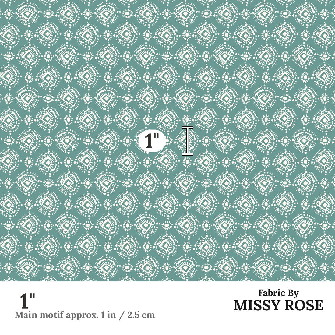 Indy Bloom Fabric Bee My Valentine Ikat In Teal 22 1 inch print scale guide | Fabric by Missy Rose