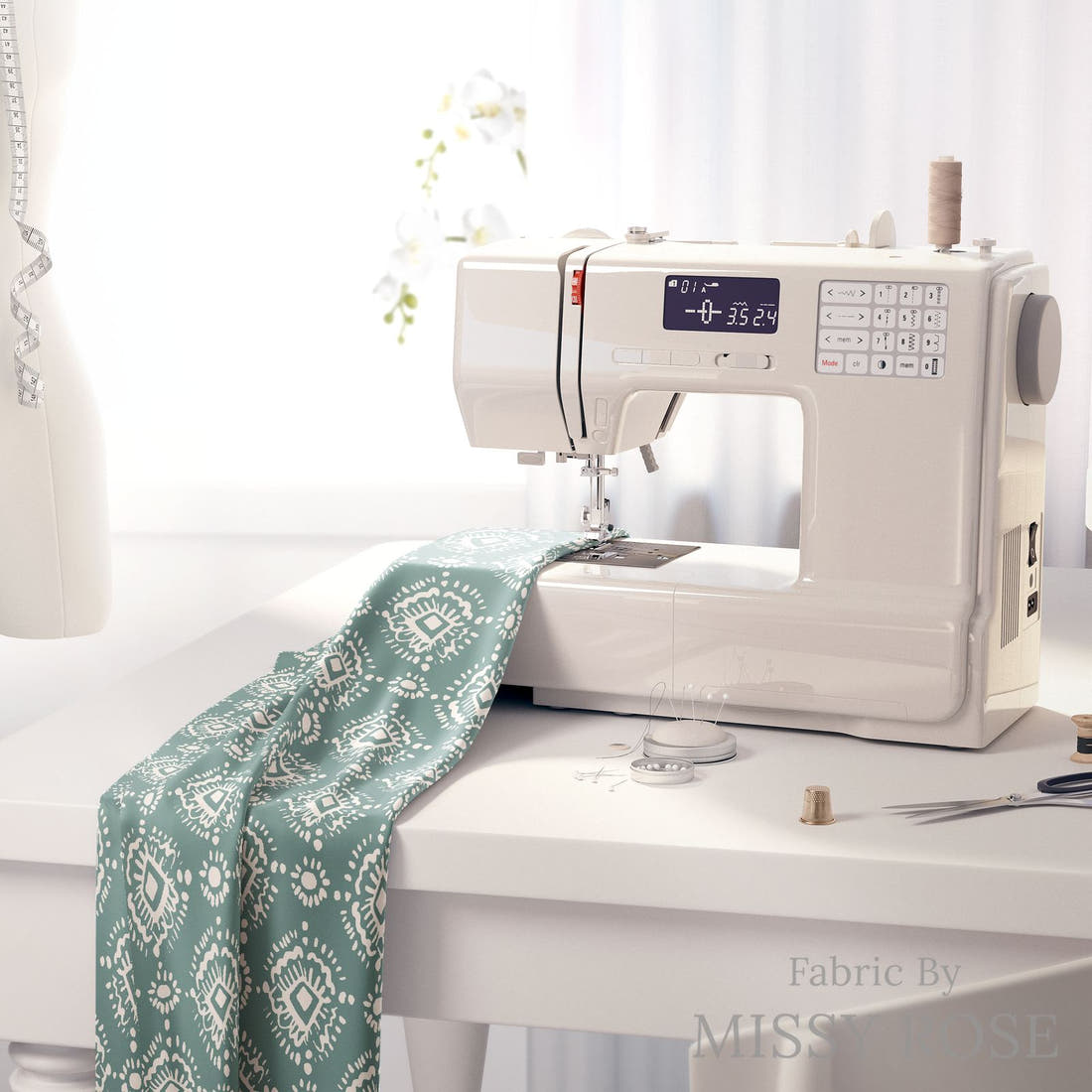 Indy Bloom Fabric Bee My Valentine Ikat In Teal 22 fabric on a sewing machine - sew your own | Fabric by Missy Rose