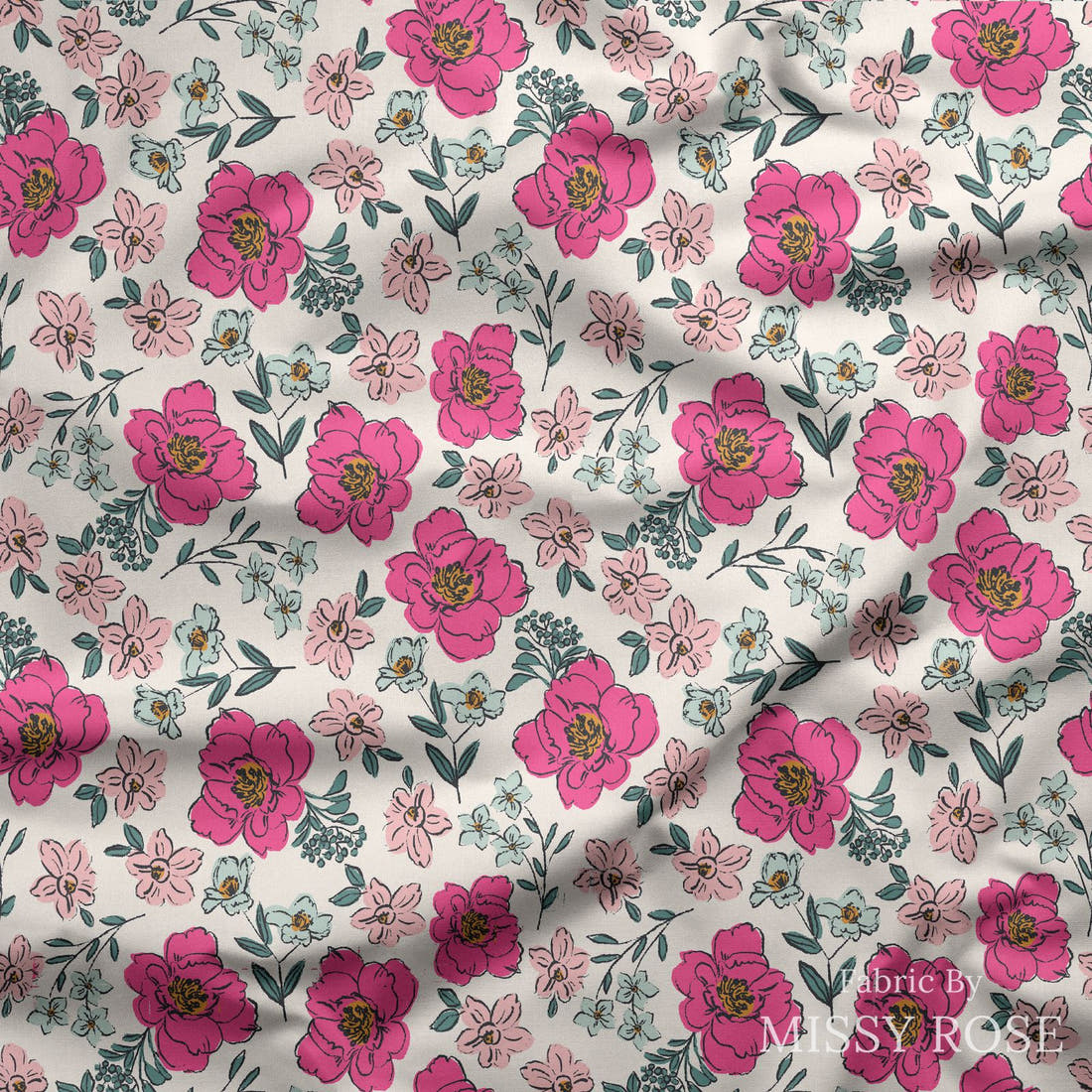Indy Bloom Fabric Bee My Valentine Sweet Pea Pink 01 draped fabric mockup - custom printed fabric by the metre | Fabric by Missy Rose