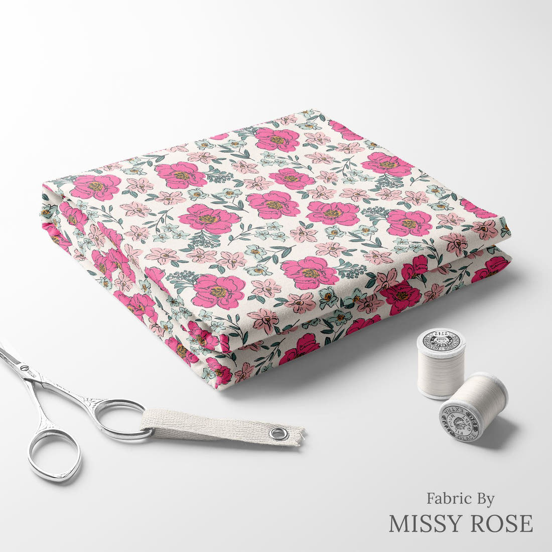 Indy Bloom Fabric Bee My Valentine Sweet Pea Pink 01 folded fabric stack with matching thread - pre-order fabric Australia | Fabric by Missy Rose