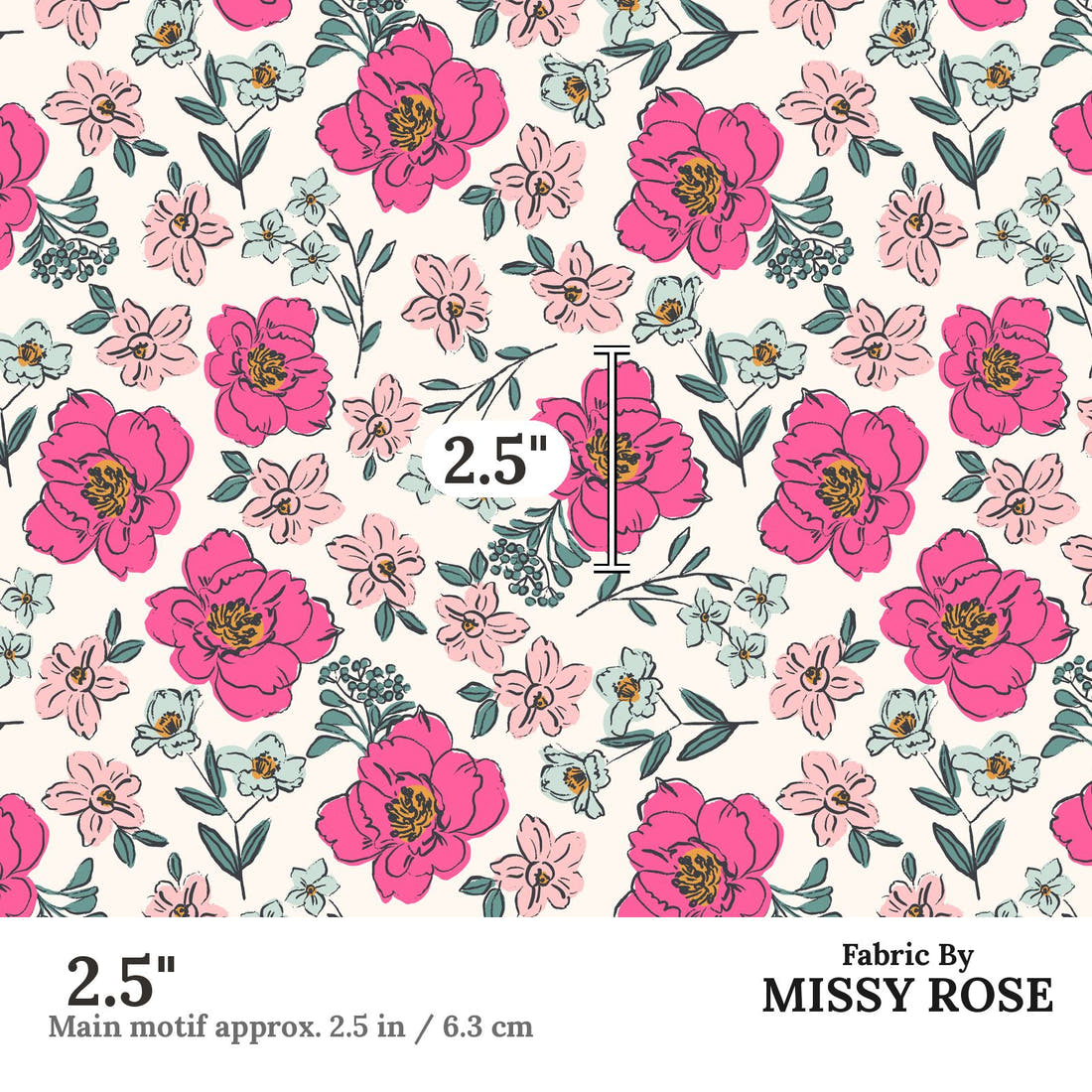 Indy Bloom Fabric Bee My Valentine Sweet Pea Pink 01 2.5 inch print scale guide | Fabric by Missy Rose