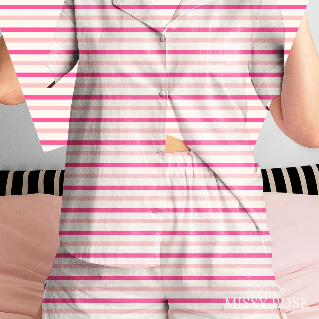 Indy Bloom Fabric Bee My Valentine Valentine Stripe In Hot Pink 25 sewn into a women's pyjama set - custom printed fabric | Fabric by Missy Rose