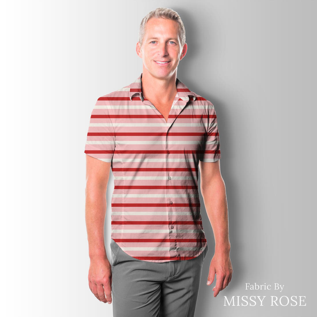 Indy Bloom Fabric Bee My Valentine Valentine Stripe In Pink 26 sewn into a men's shirt - custom printed fabric | Fabric by Missy Rose