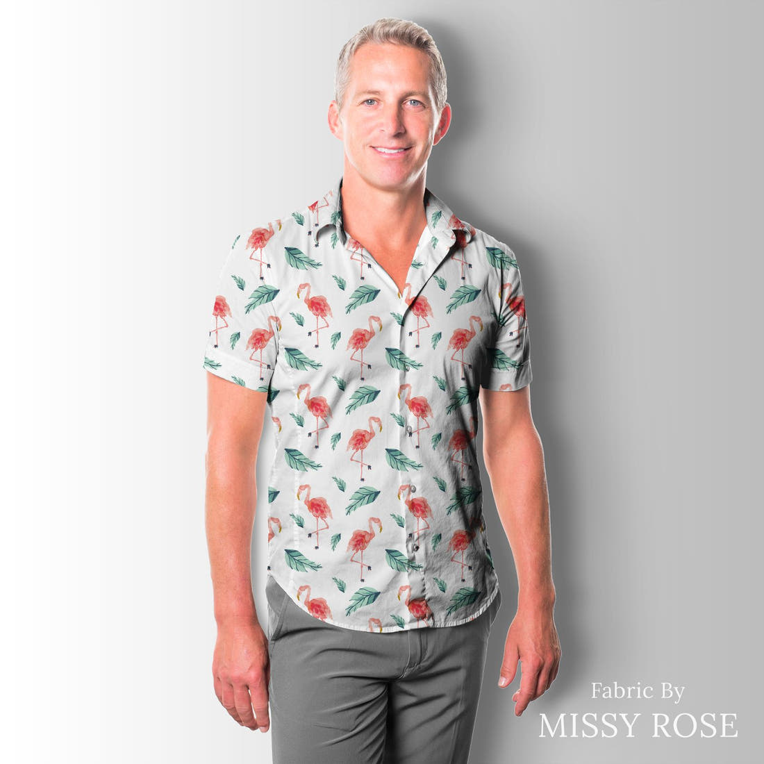 Indy Bloom Fabric Boho Beach Flamingo Palm 25 sewn into a men's shirt - custom printed fabric | Fabric by Missy Rose