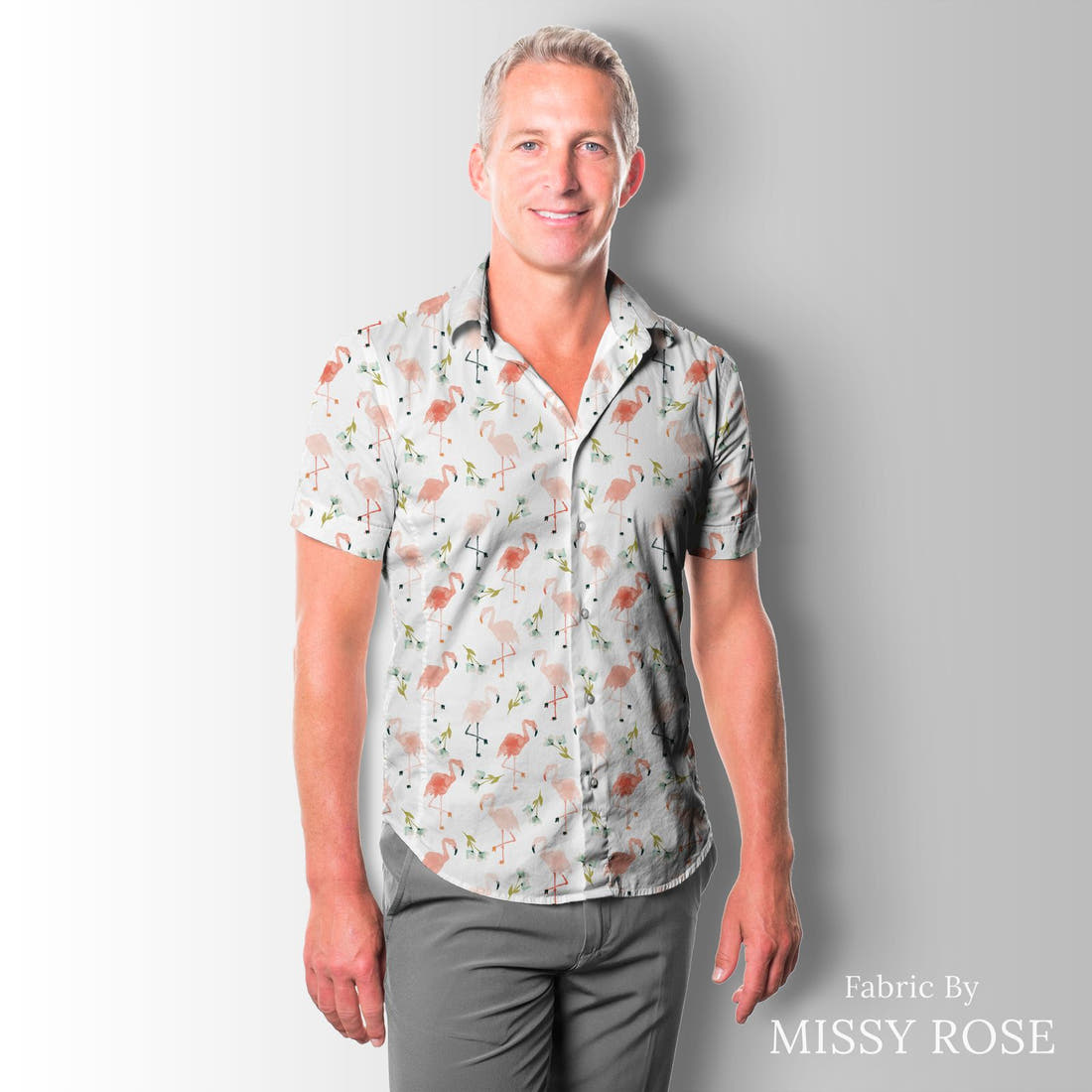 Indy Bloom Fabric Boho Beach Flamingo Paradise 06 sewn into a men's shirt - custom printed fabric | Fabric by Missy Rose