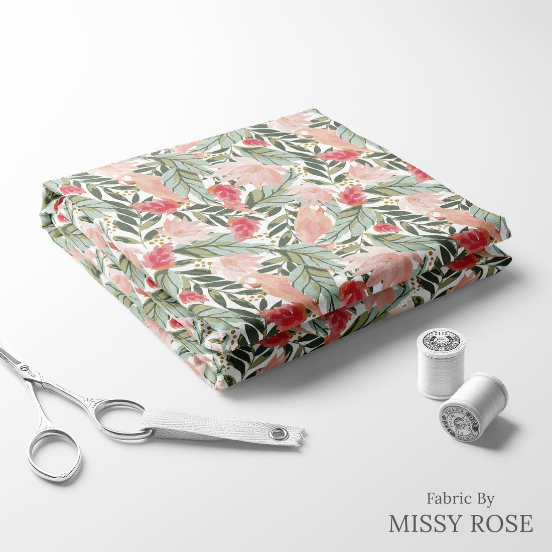 Indy Bloom Fabric Boho Beach Floral Tropical Green Peach 17 folded fabric stack with matching thread - pre-order fabric Australia | Fabric by Missy Rose