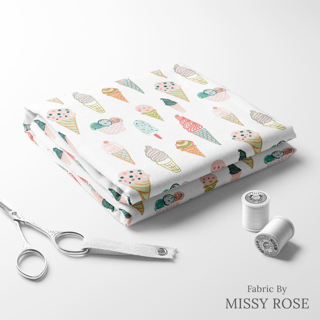 Indy Bloom Fabric Boho Beach Ice Cream Cone 05 folded fabric stack with matching thread - pre-order fabric Australia | Fabric by Missy Rose
