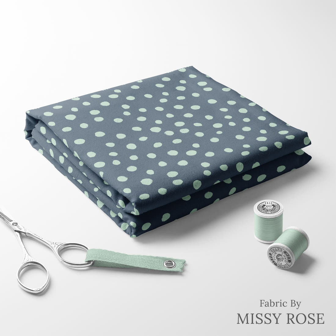 Indy Bloom Fabric Boho Beach Navy Teal Dot 22 folded fabric stack with matching thread - pre-order fabric Australia | Fabric by Missy Rose