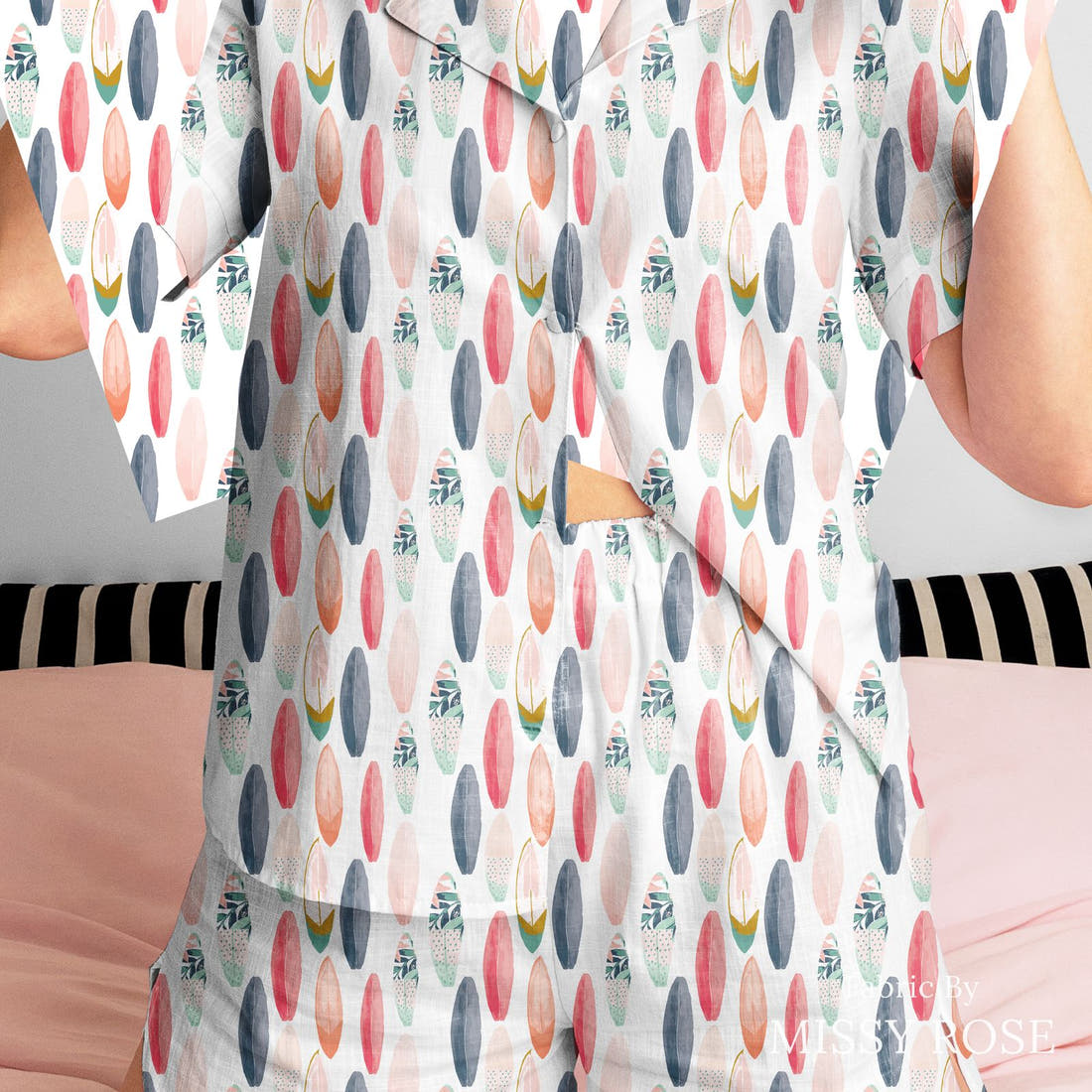Indy Bloom Fabric Boho Beach Surfboard 20 sewn into a women's pyjama set - custom printed fabric | Fabric by Missy Rose