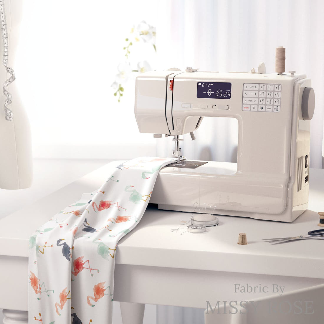 Indy Bloom Fabric Boho Beach White Flamingo 19 fabric on a sewing machine - sew your own | Fabric by Missy Rose