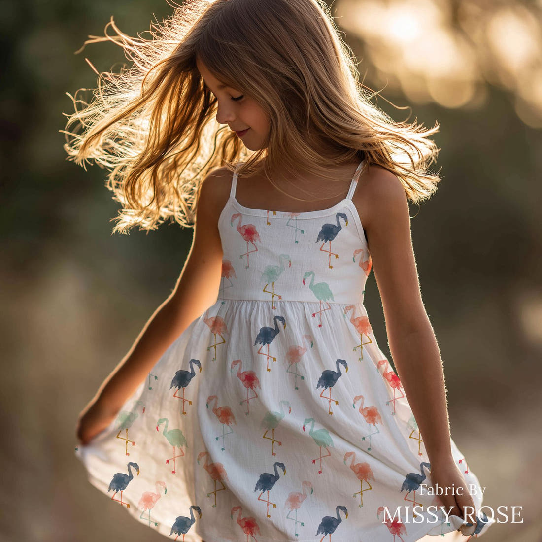 Indy Bloom Fabric Boho Beach White Flamingo 19 sewn into a girls' dress - custom printed fabric | Fabric by Missy Rose