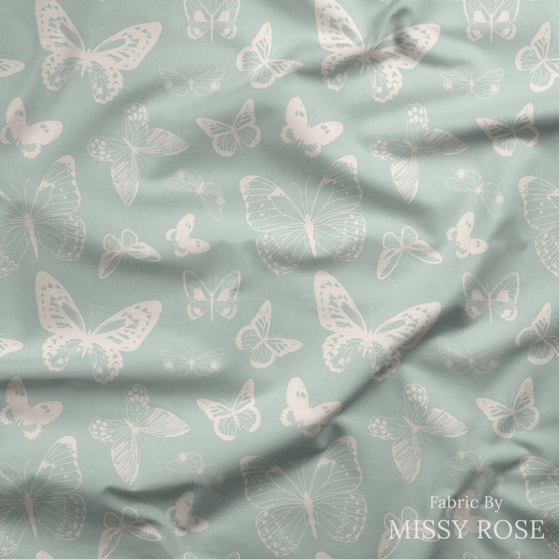Indy Bloom Fabric Boho Butterflies Aqua 01 draped fabric mockup - custom printed fabric by the metre | Fabric by Missy Rose