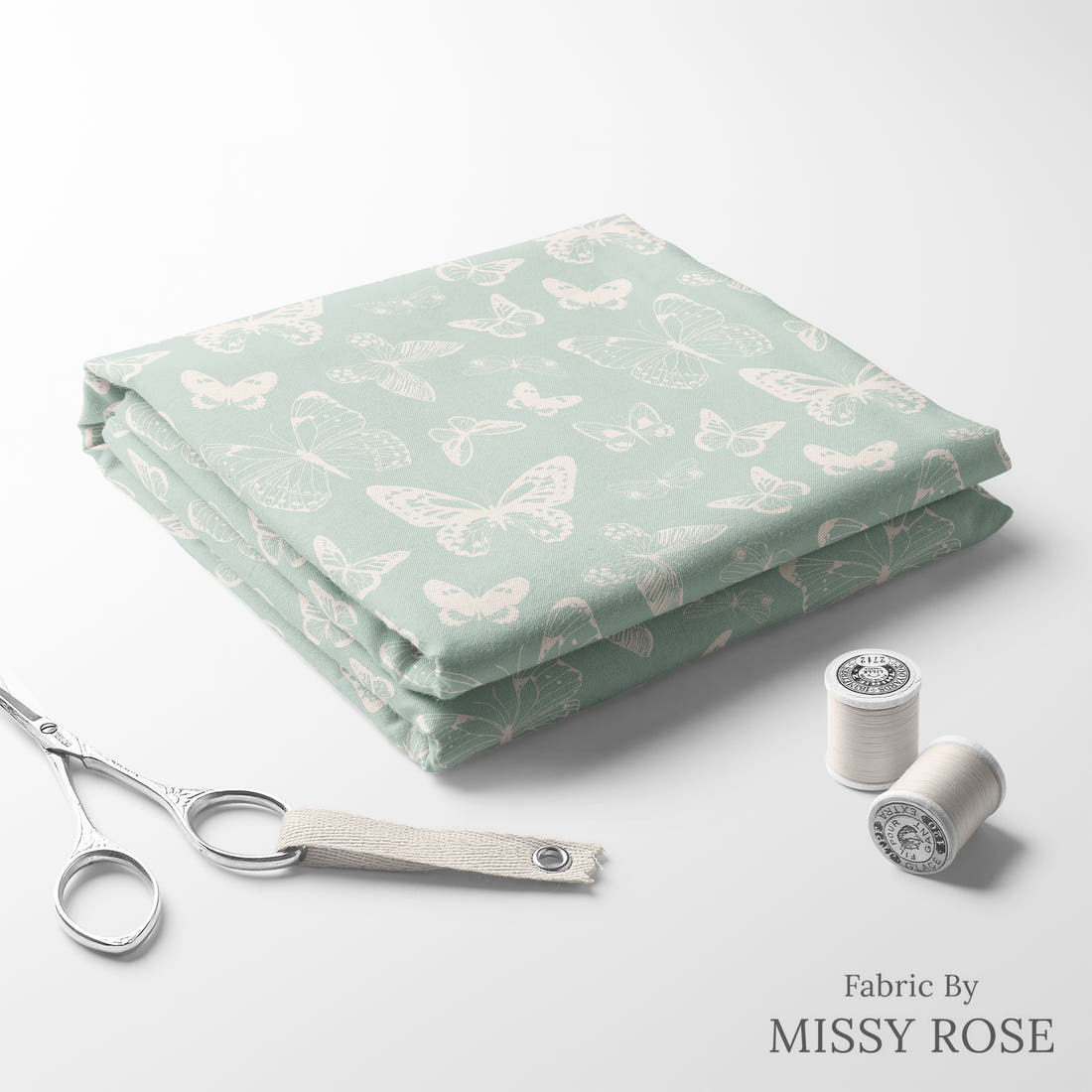Indy Bloom Fabric Boho Butterflies Aqua 01 folded fabric stack with matching thread - pre-order fabric Australia | Fabric by Missy Rose