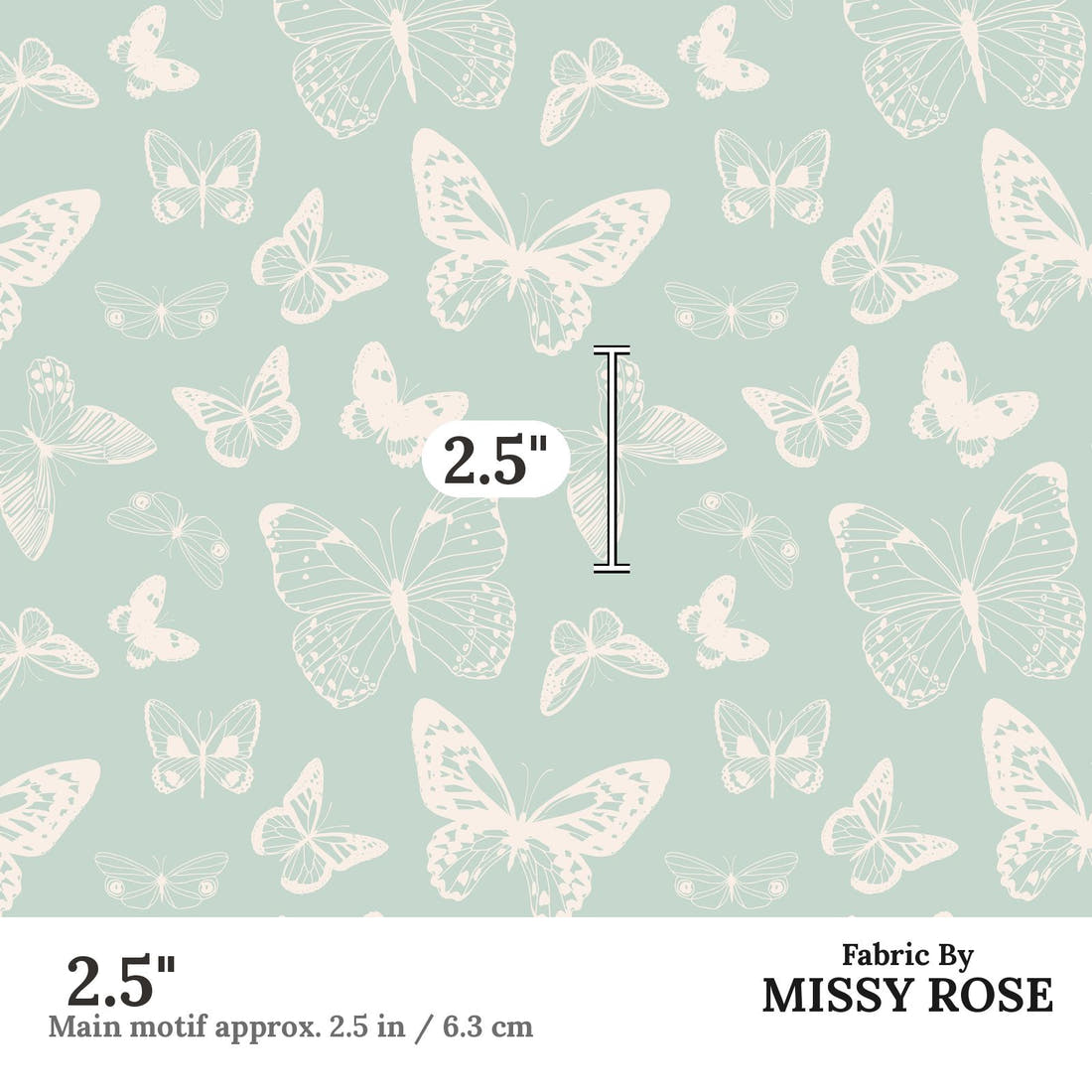Indy Bloom Fabric Boho Butterflies Aqua 01 2.5 inch print scale guide | Fabric by Missy Rose